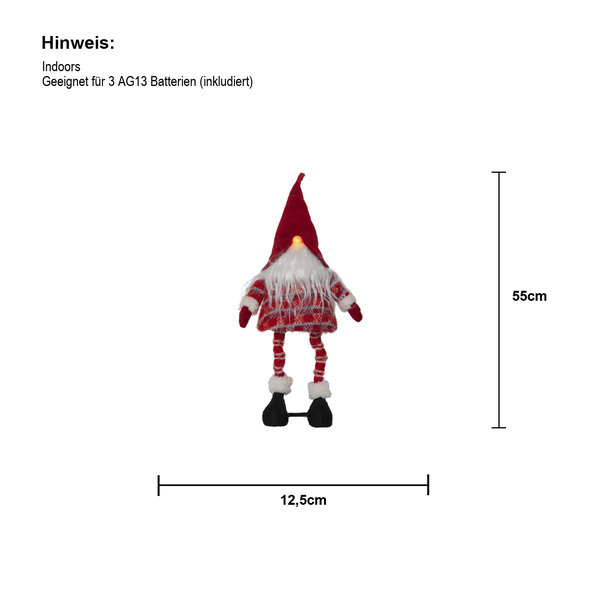Dekofigur Zwerg mit LED und Grössenangaben