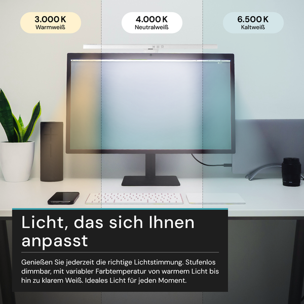 Demonstration verschiedener Farbtemperaturen einer Bildschirmleuchte für den Schreibtisch.