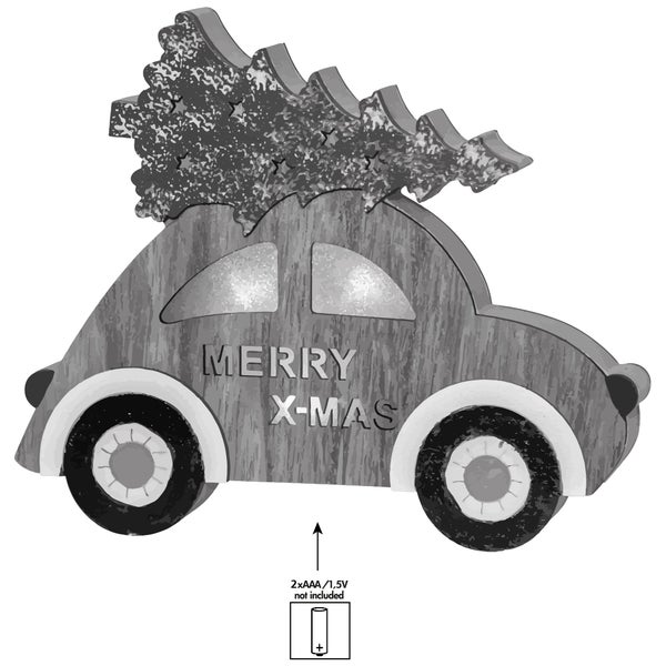 Dekorative Holzfigur eines Autos mit Weihnachtsbaum und dem Schriftzug Frohe Weihnachten, benötigt zwei AAA Batterien