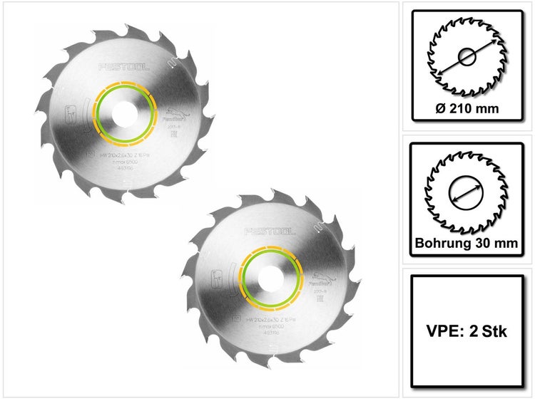 Festool 2x Panther Kreissägeblatt PW16 Holz 210 x 2,6 x 30 mm 210 mm 16 Zähne ( 2x 493196 ) TS