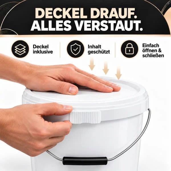 Kunststoffeimer mit Deckel, Tragebügel und Verschlussmechanismus für sichere Aufbewahrung und einfachen Transport