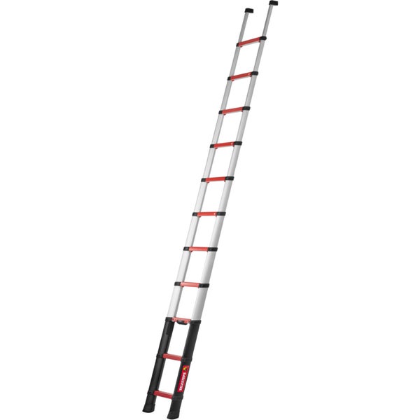 Telesteps Teleskop-Anlegeleiter aus Aluminium mit roten Sprossen und schwarzer Basis.