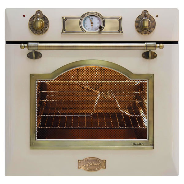 Einbau Backofen im Vintage Design von Kaiser mit analoger Uhr, Drehreglern und Griffen in Metalloptik.