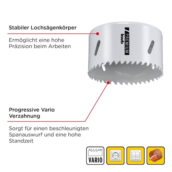 kwb HSS Bi-Metall-Lochsäge Ø 76 mm, 8% kobaltlegiert mit progressiver Vario-Zahnung und hoher Präzision für den vielseitigen Einsatz