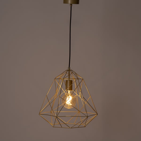 Goldfarbene Pendelleuchte mit geometrischem Design und Glühbirne