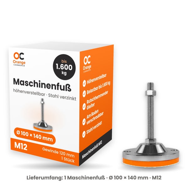 Maschinenfuß mit M12 Gewinde, 100 mal 140 Millimeter aus verzinktem Stahl, höhenverstellbar mit einer Tragkraft von bis zu 1600 Kilogramm.