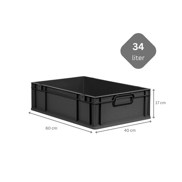 PROREGAL SuperSparSet 5x Eurobox NextGen Color mit Auflagedeckel und Schiebeschnappverschlüsse, HxBxT 17x40x60cm, 34 Liter, Schwarz, Griffe schwarz geschlossen, Eurobehälter, Transportbox, Transportbehälter, Stapelbehälter