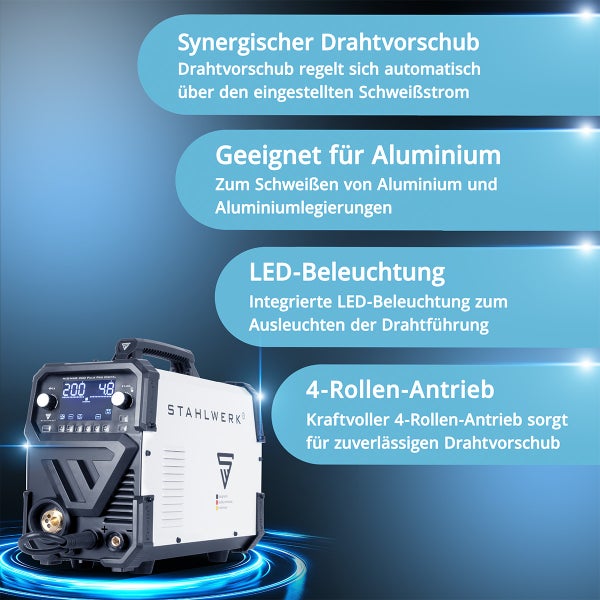 Schweißgerät mit synergischem Drahtvorschub, geeignet für Aluminium, mit LED-Beleuchtung und 4-Rollen-Antrieb