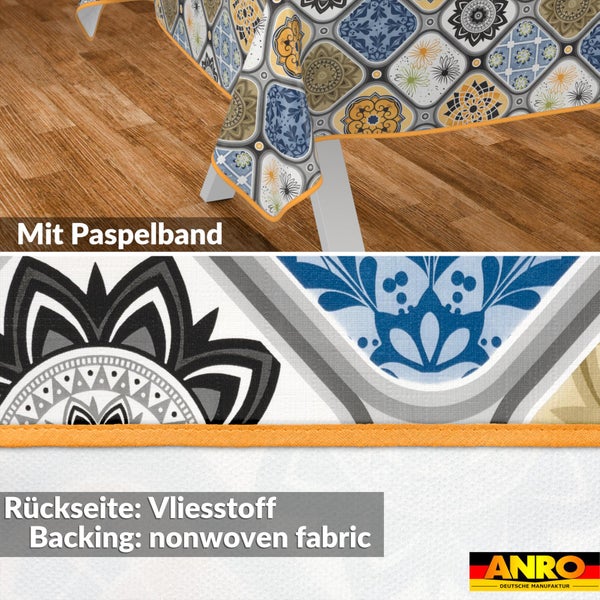 Wachstuch-Tischdecke mit Paspelband, Fliesenmuster und Vliesstoff-Rückseite. ANRO Logo.
