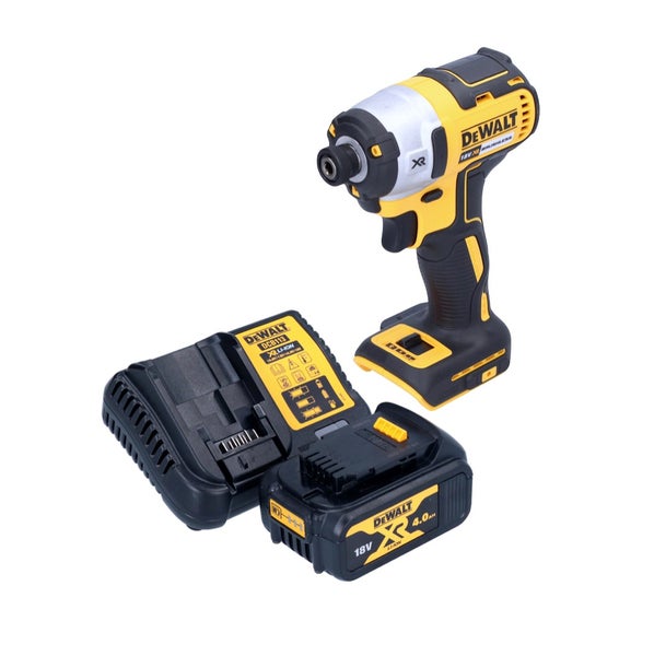 DeWALT Akku-Schlagschrauber Set mit 18 Volt XR bürstenlosem Motor, Ladegerät und 4,0 Amperestunden Lithium-Ionen Akku.