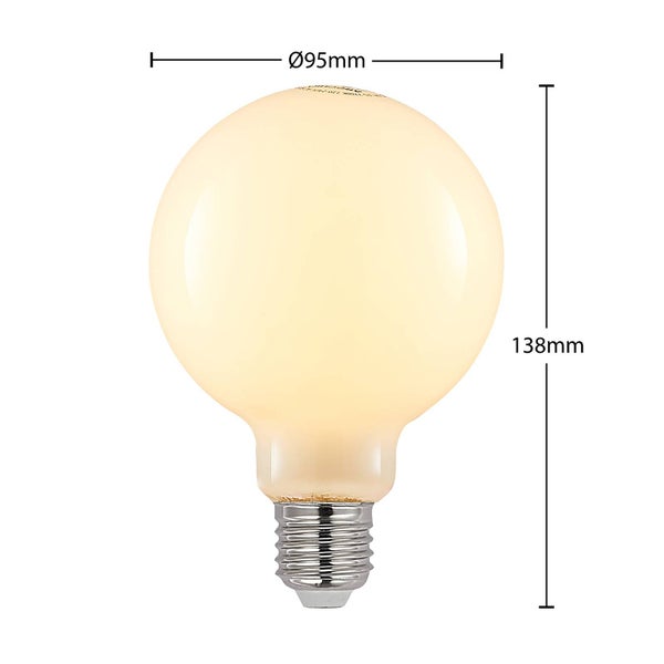 LED Globelampe E27, Durchmesser 95 Millimeter, Höhe 138 Millimeter.