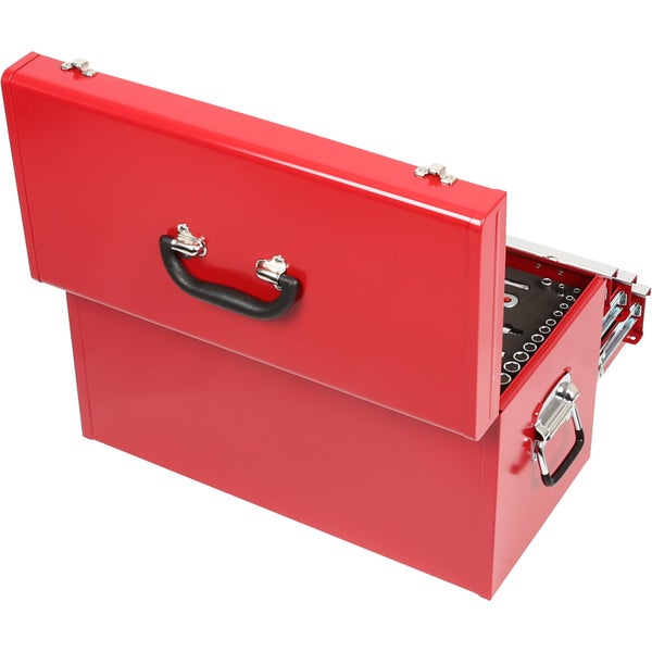 Geöffneter roter Werkzeugkasten mit Werkzeugen