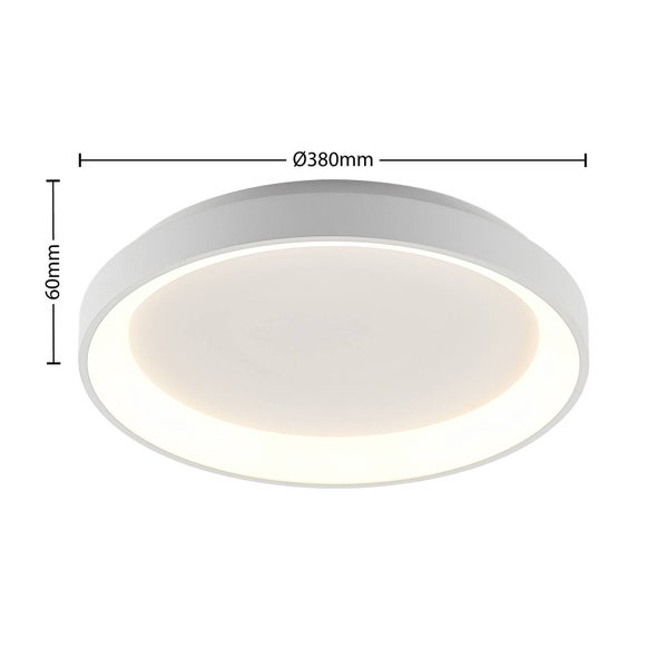 Runde weiße LED-Deckenleuchte mit einem Durchmesser von 380 Millimeter und einer Höhe von 60 Millimeter.