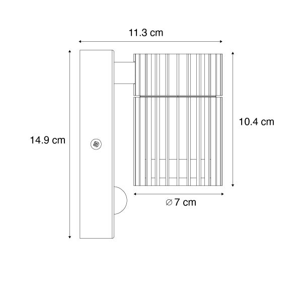 Maßzeichnung einer Wandleuchte: Höhe 14,9 Zentimeter, Breite 11,3 Zentimeter, Lampenkopf Höhe 10,4 Zentimeter und Durchmesser 7 Zentimeter.