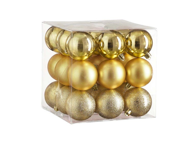Set aus Christbaumkugeln in transparenter Kunststoffverpackung mit glänzenden, matten und glitzernden Oberflächen.