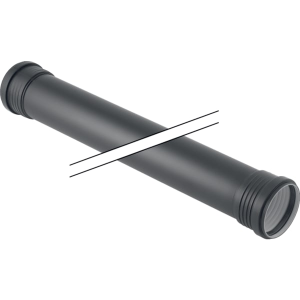 Schwarzes Abwasserrohr aus Kunststoff mit zwei Muffen und Dichtungsringen.