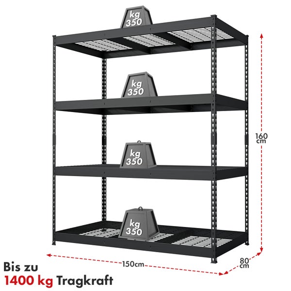Schwarzes Schwerlastregal mit vier Ebenen, Abmessungen 160 x 150 x 80 cm und Tragkraft bis zu 1400 kg