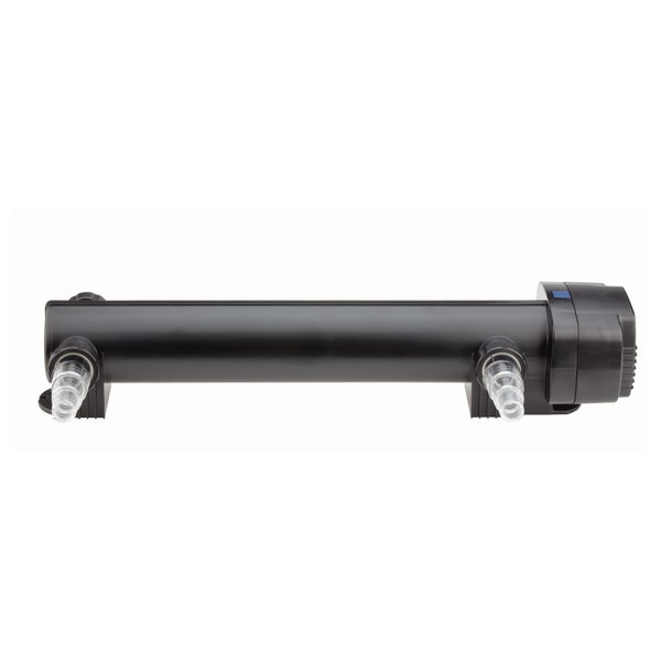 Ultraviolett-C-Klärer für Teiche aus schwarzem Kunststoff mit zwei transparenten Schlauchanschlüssen.