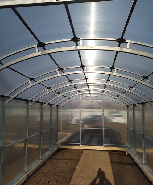 Innenansicht eines Gewächshauses mit Metallrahmen und lichtdurchlässigen Paneelen