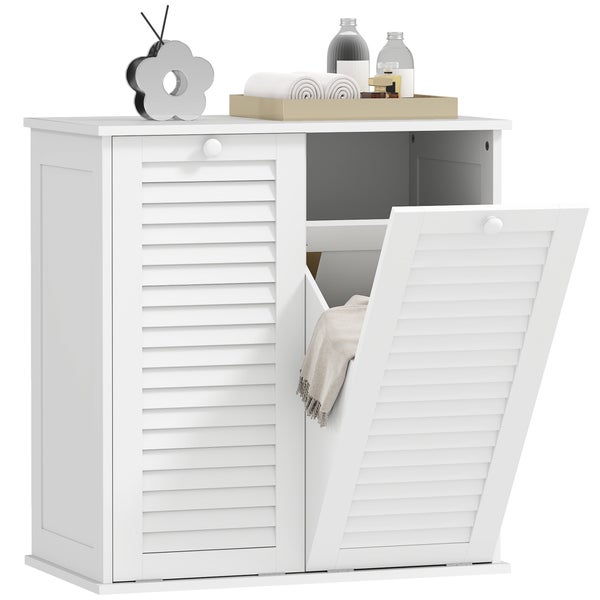 HOMCOM Wäscheschrank, Badschrank mit 2 Wäschekörben, Badezimmerschrank mit Griffen, Lamellentüren Wäschesammler Badmöbel für Badezimmer 70 x 38 x 73 cm Weiß