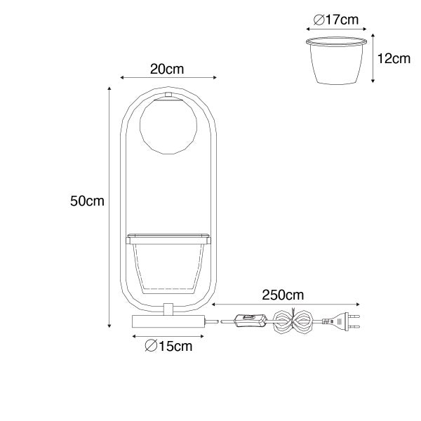 Technische Zeichnung einer Pflanzenleuchte mit den Maßen 50 cm Höhe, 20 cm Breite, 17 cm Durchmesser des Pflanzgefäßes, 12 cm Höhe des Pflanzgefäßes und 250 cm Kabellänge.