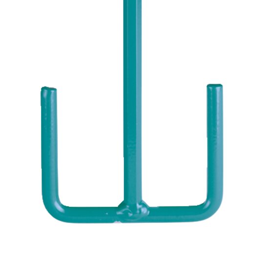 Türkisfarbener Handgrubber aus Metall mit drei Zinken.