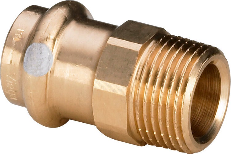 Übergangsstück aus Metall mit Außengewinde und Pressanschluss für Rohrleitungen.