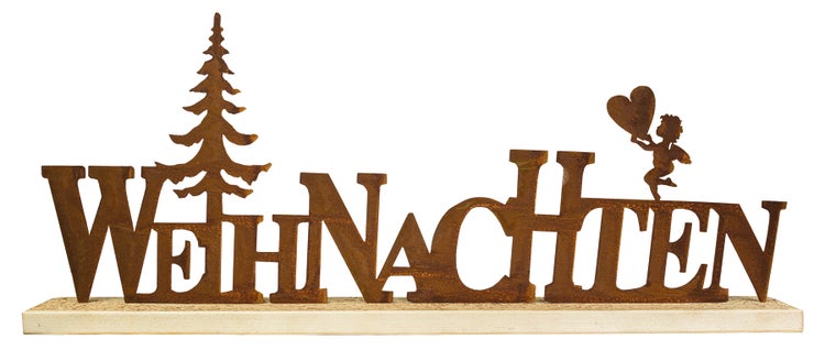 Weihnachtsdekoration aus Metall mit Edelrost Patina und Holzsockel Schriftzug Weihnachten mit Tannenbaum und Engel