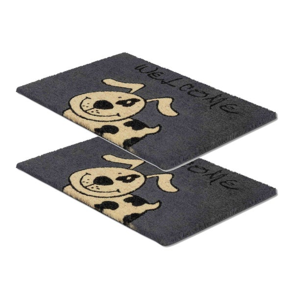 Zwei Fußmatten mit Hundemotiv und Willkommensgruß