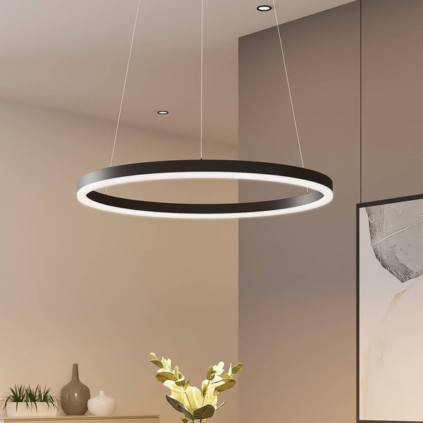 Moderne LED-Pendelleuchte in Ringform in Schwarz, hängend in einem hellen, minimalistischen Raum über Dekorationsobjekten.