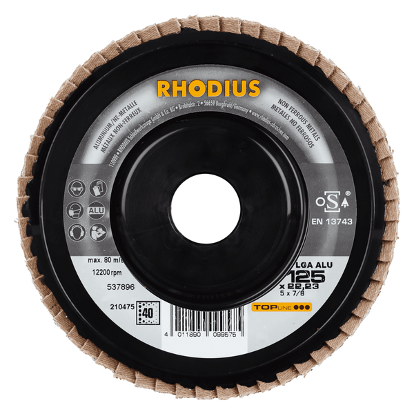 RHODIUS Fächerscheibe LGA ALU, 5 Stück, 125 x 22,23 mm, Korn 40, für NE-Metalle, Holz, TOPline