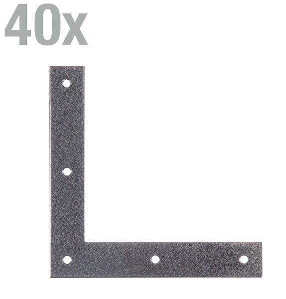 Set von 40 Flachverbindern in L-Form aus Metall mit vorgebohrten Löchern zur stabilen Eckverbindung von Holzkonstruktionen.