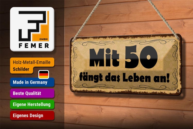 Blechschild Spruch 27x10cm mit 50 fängt das Leben an Dekoration