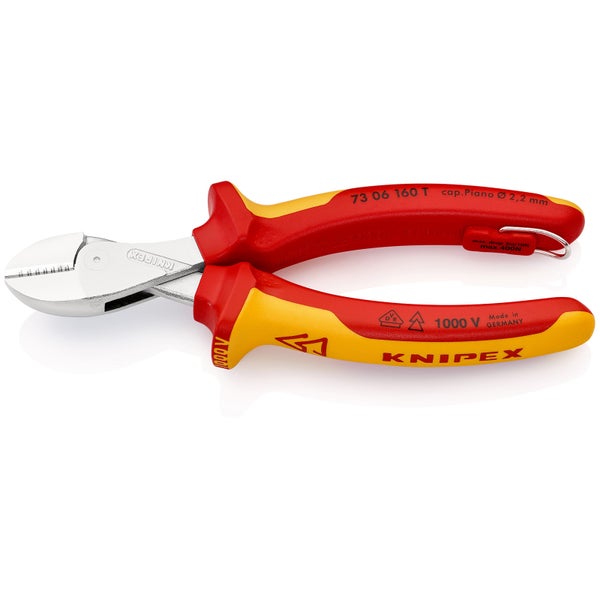 Knipex X-Cut mit Befestigungsöse verchromt, isoliert mit Mehrkomponenten-Hüllen, VDE-geprüft; mit integrierter isolierter Befestigungsöse zum Anbringen einer Absturzsicherung 160 mm - 7306160TBK