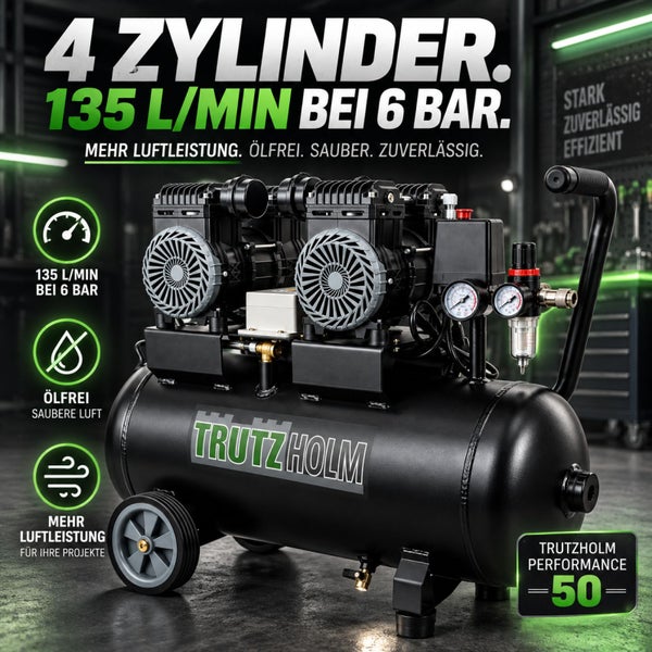 Trutzholm Kompressor mit 4 Zylindern, 135 Litern pro Minute bei 6 Bar, ölfrei, mobil mit Rädern und Druckanzeige für Werkstattanwendungen.