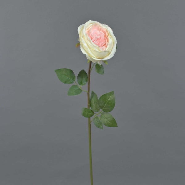 Künstliche Rose mit großem Blütenkopf in Creme und Rosa an einem grünen Stängel mit Blättern.