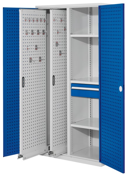 Werkstattschrank mit Lochblechtüren, Regalböden und Schublade