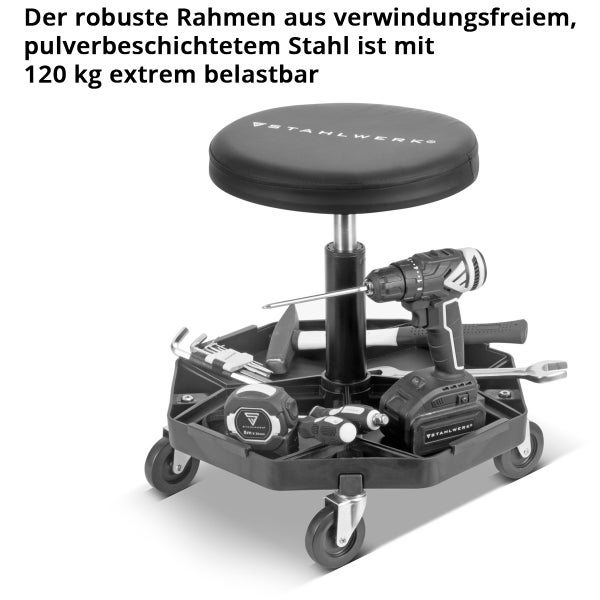 Werkstatthocker mit Werkzeugablage und Werkzeugen