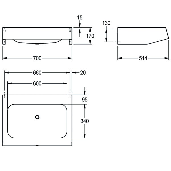 Maßzeichnung eines Waschbeckens mit Abmessungen in Millimetern in der Vorderansicht, Seitenansicht und Draufsicht.