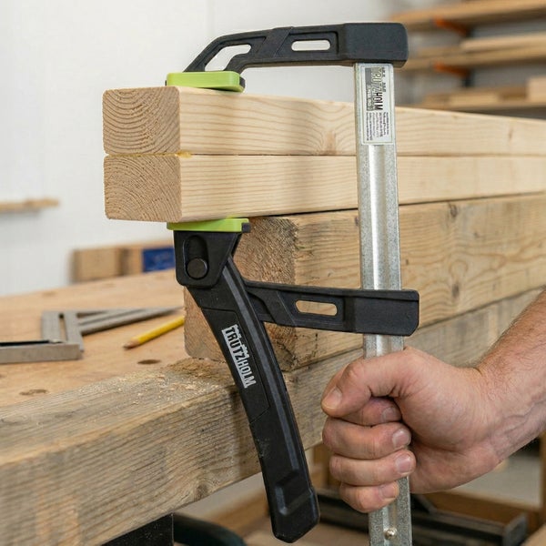 Eine Hand bedient eine Trutzholm Einhandzwinge aus Metall und Kunststoff, um Holzbalken auf einer Werkbank zu fixieren.