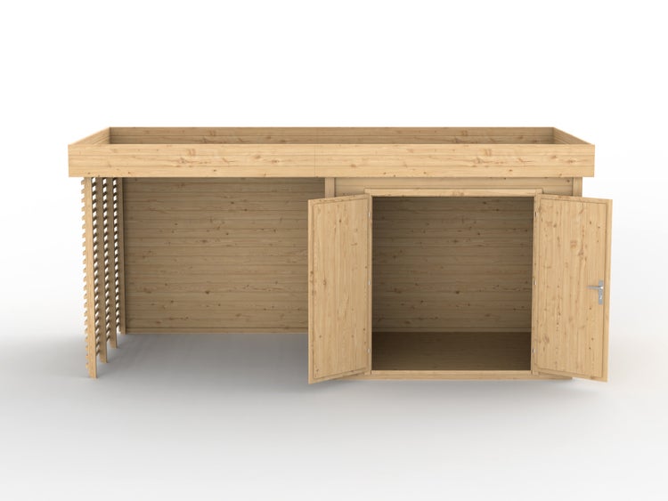 Gartenhaus aus Holz mit Flachdach, offenen Doppeltüren und einem integrierten Schleppdach mit Sichtschutzwand.