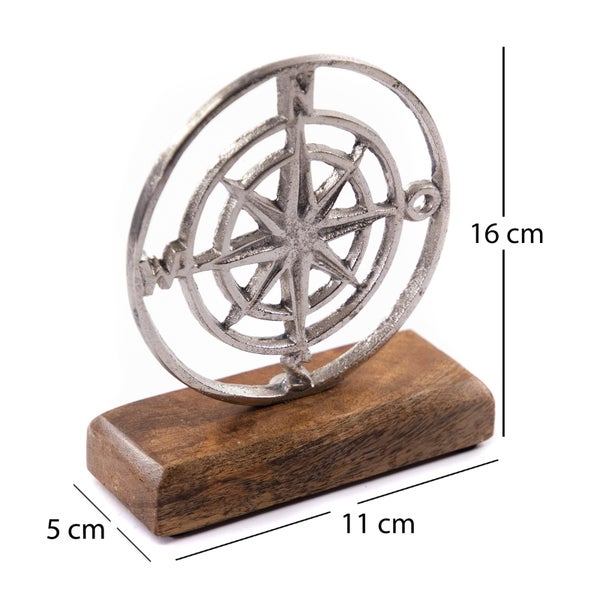 Aufsteller Maritim Windrose Metall, Mangoholz silber-braun