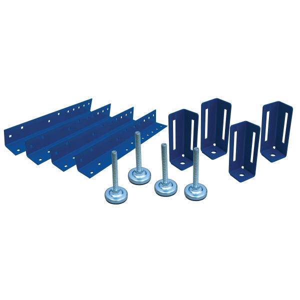 Montage-Set aus blauem Metall mit Winkelprofilen, Eckverbindern und verstellbaren Nivellierfüßen.