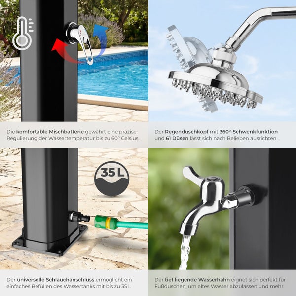 Details einer schwarzen Solardusche mit Mischbatterie bis 60 Grad, 360 Grad Regenduschkopf, Schlauchanschluss für 35 Liter Tank und Fußbrause.