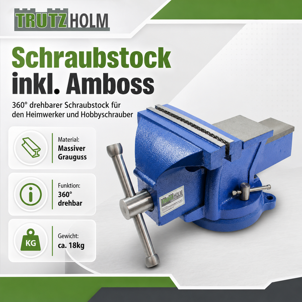 Trutzholm Schraubstock mit Amboss, 360 Grad drehbar, aus massivem Grauguss, Gewicht circa 18 Kilogramm