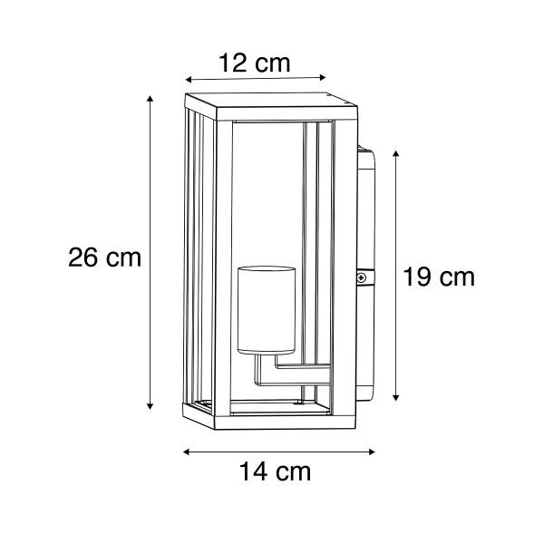 Maßzeichnung einer rechteckigen Wandleuchte mit einer Höhe von 26 Zentimetern, einer Breite von 12 Zentimetern und einer Tiefe von 14 Zentimetern.