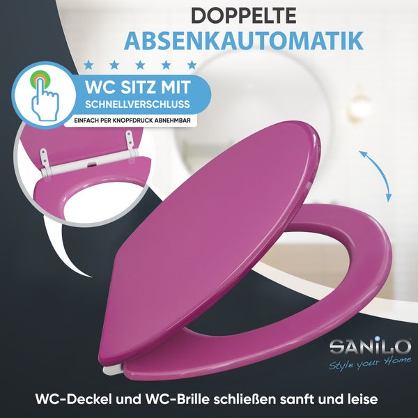 Toilettensitz mit doppelter Absenkautomatik und Schnellverschluss. Abnehmbar per Knopfdruck. Sanftes Schließen von Deckel und Brille. Sanilo Logo.