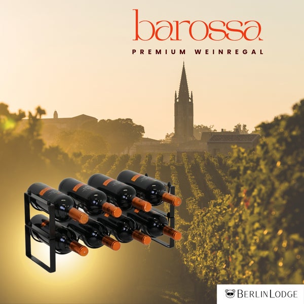 Barossa Premium Weinregal aus Metall für acht Weinflaschen vor einem Weinberg im Sonnenuntergang.