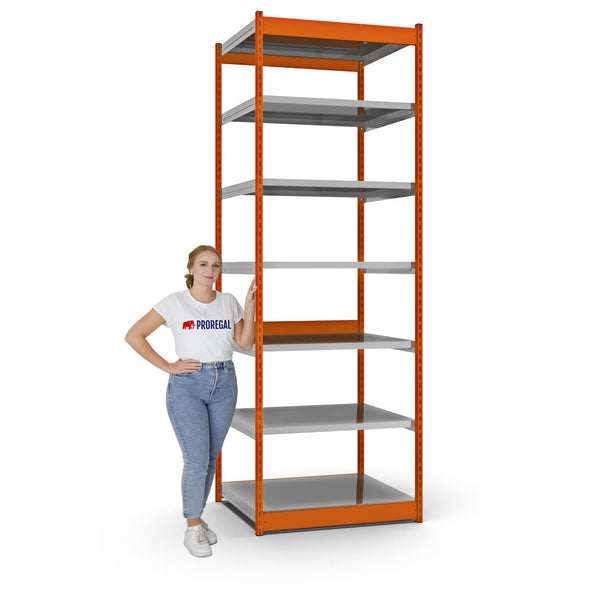 PROREGAL Fachbodenregal Stecksystem Vierkant-Profil Grundregal HxBxT 300 x 102,5 x 80 cm 7 Ebenen Einseitige Bauart Fachlast 200 kg Orange