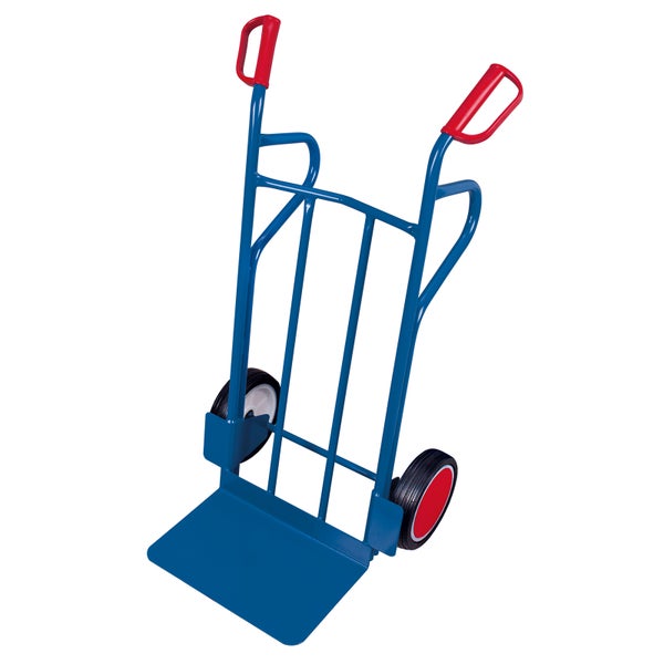 Blaue Sackkarre mit roten Griffen und Rädern